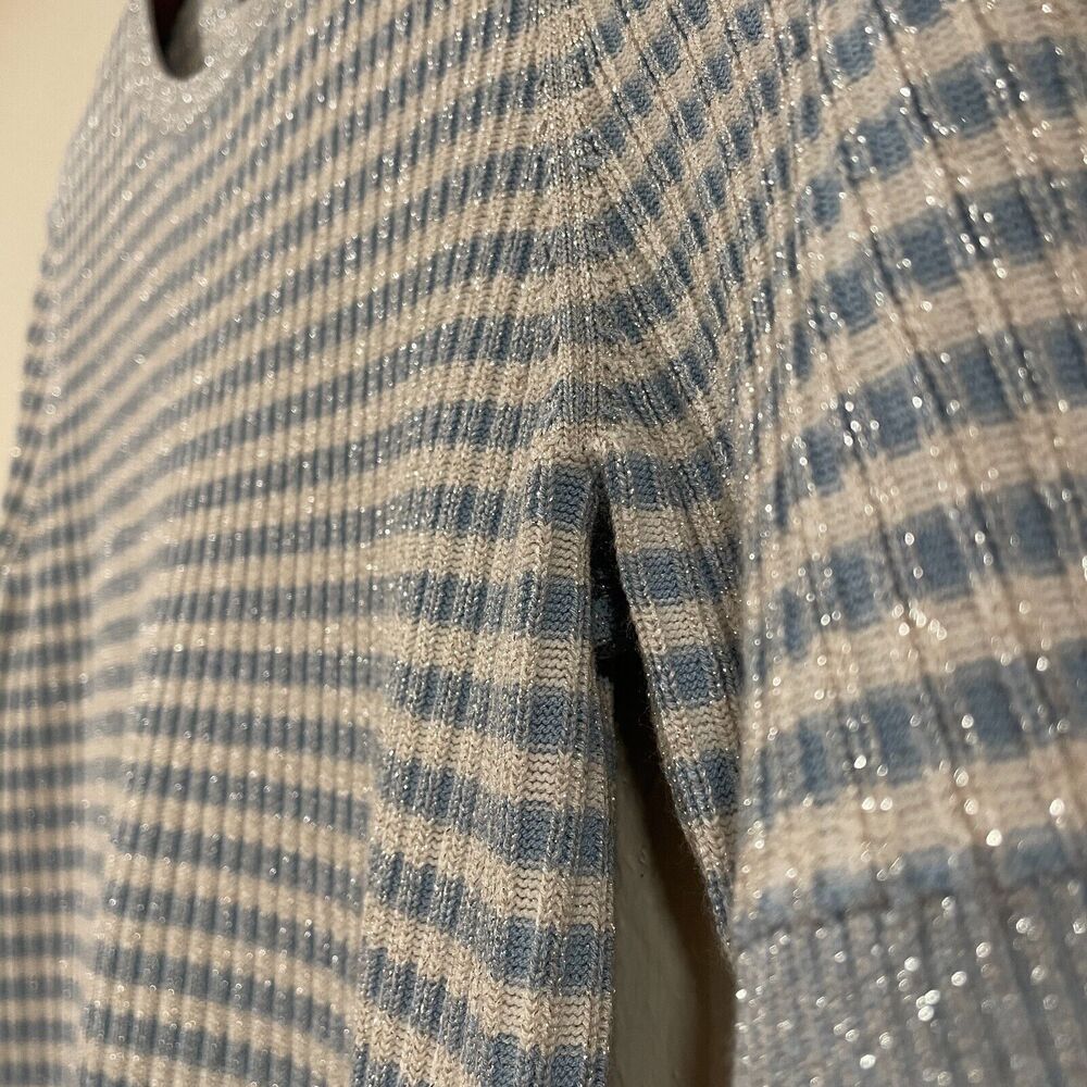 ~ Brooks Brothers XL Sweater Short Sleeved Striped Metallic Ribbed Knit Lt Blue